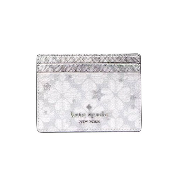 New Kate Spade Spade Flower Star Toss Small Slim Card Holder Platinum Grey Multi - Picture 1 of 3